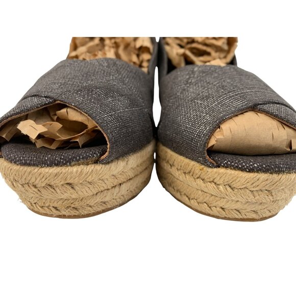 Tory Burch 11B Pewter Metallic Espadrille Wedge Heels Spain EUC 7968 Linen Peep - Picture 8 of 11